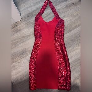 Guess Red Sequin Bodycon Halter Dress